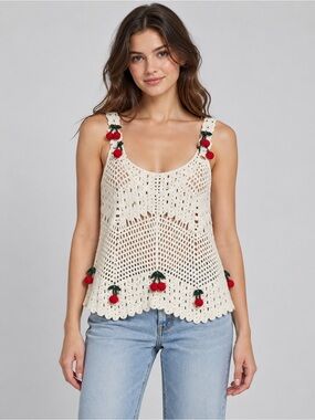 Rebellion Again Cherry Crochet Tank Top XS Cream Cotton Cottagecore